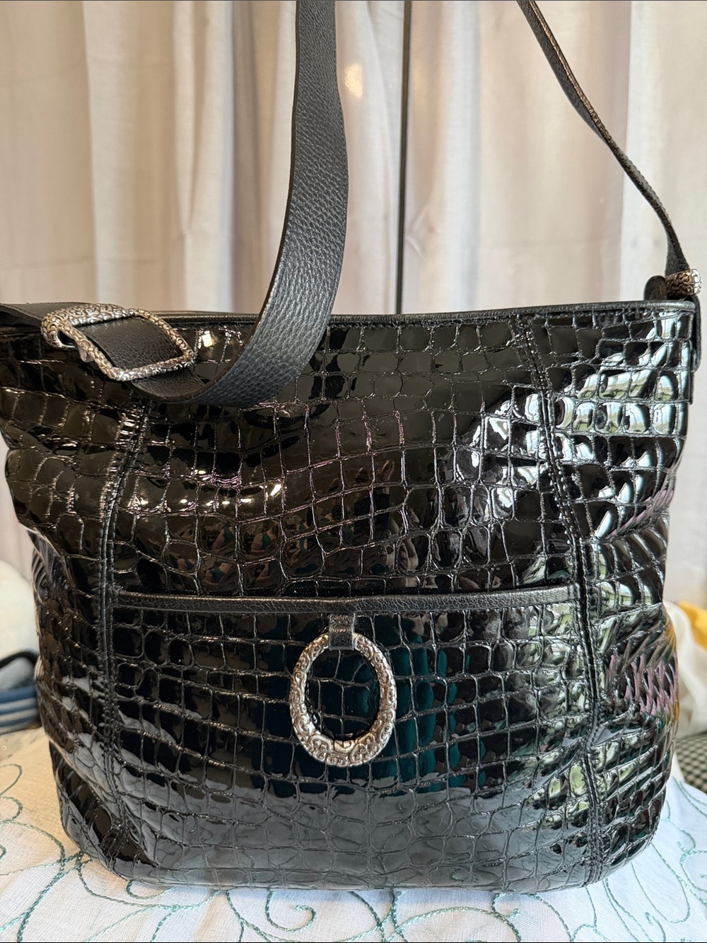 Brighton Black Patent Leather Croc-Embossed Shoulder Bag with Silver Ring Accent
